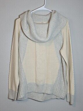 ​Sundance Mixed Cable Knit Cowl Neck Sweater Large Cream Grey Boho Cabin Chic